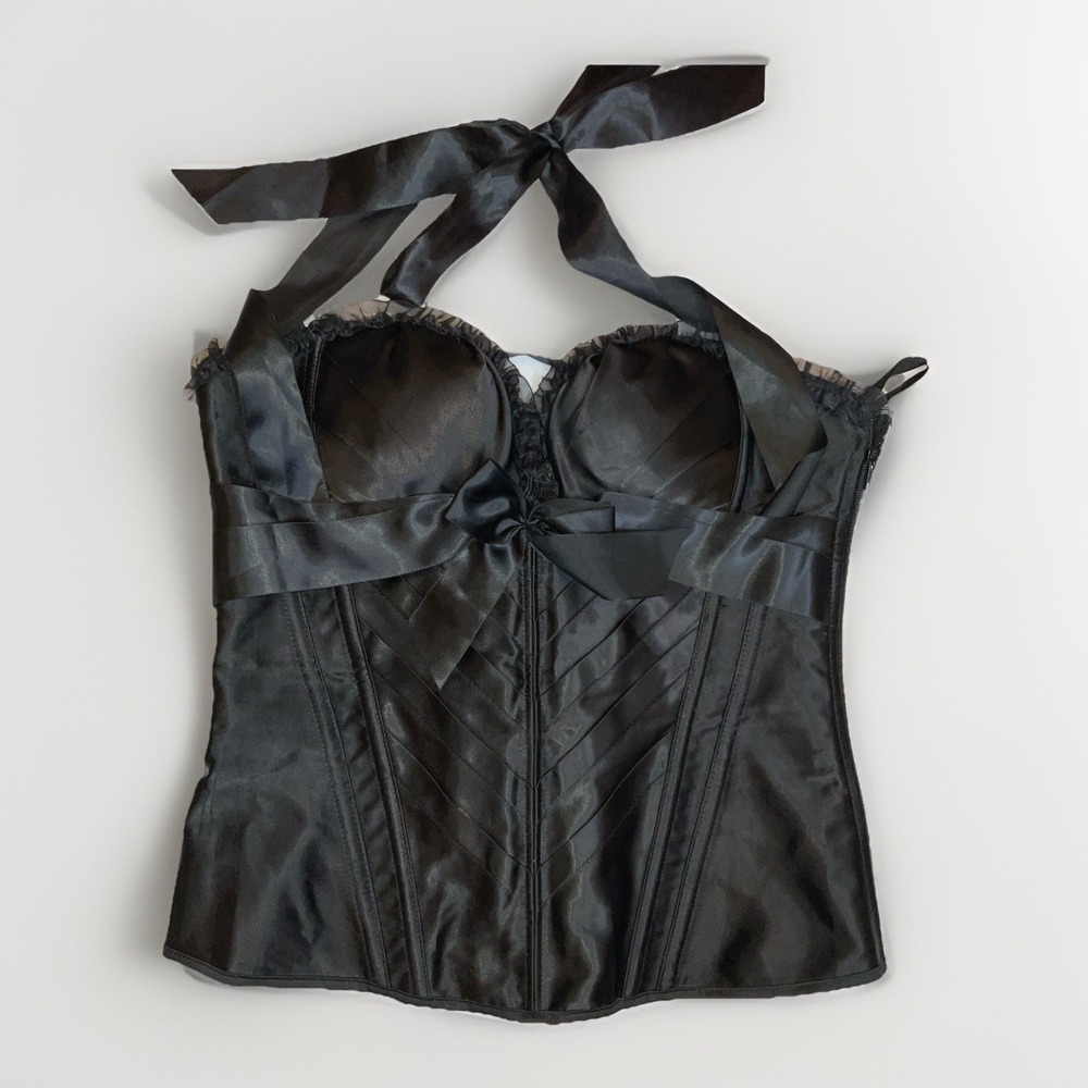 Adore Me Corset Black Satin Halter Neck Goth Sexy Flirty Size Medium Feminine